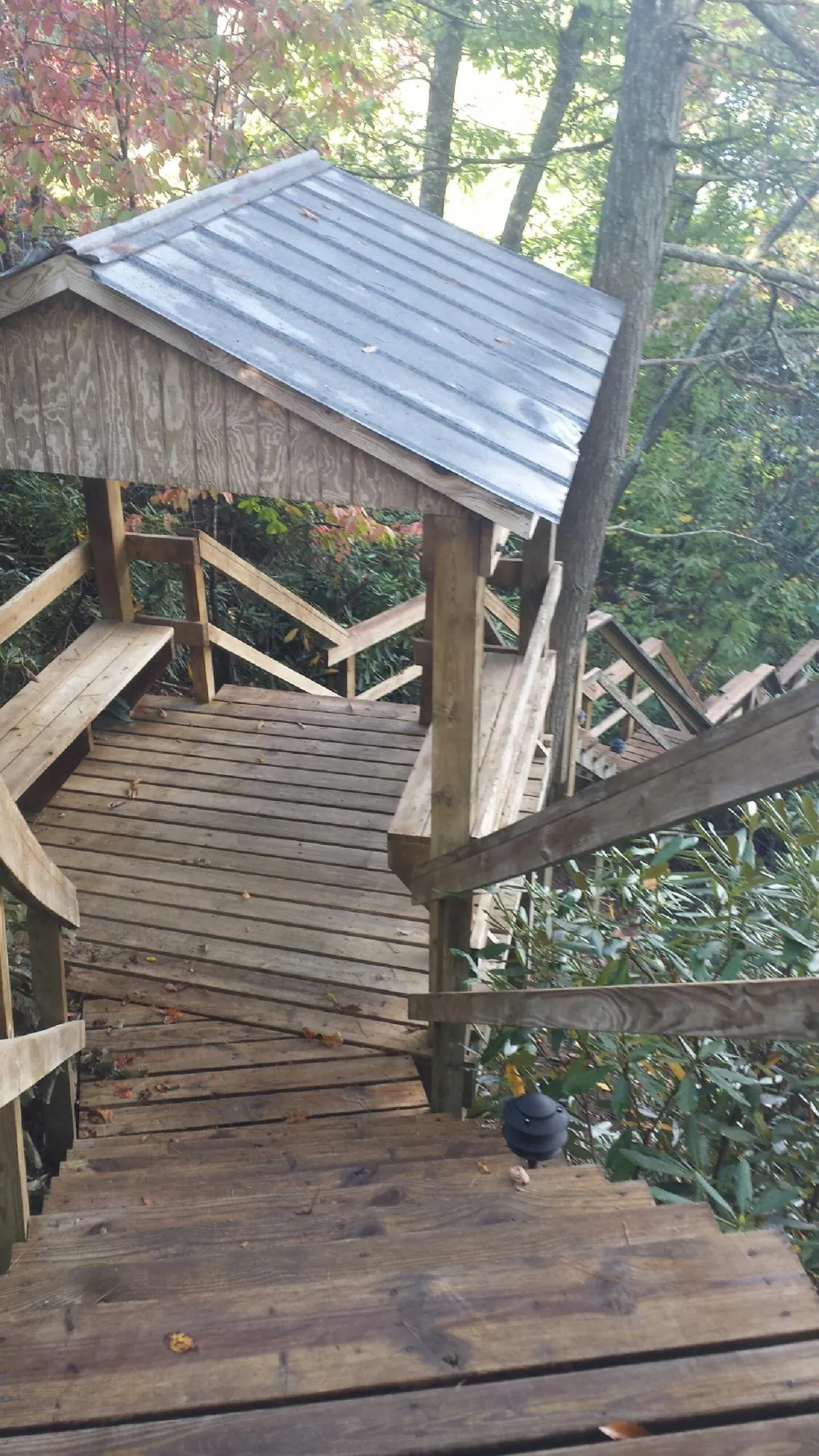 Metal roofed shelter over wooden steps on a wooded walkway — Skylight Repair & Installation work by our crew in Sebree